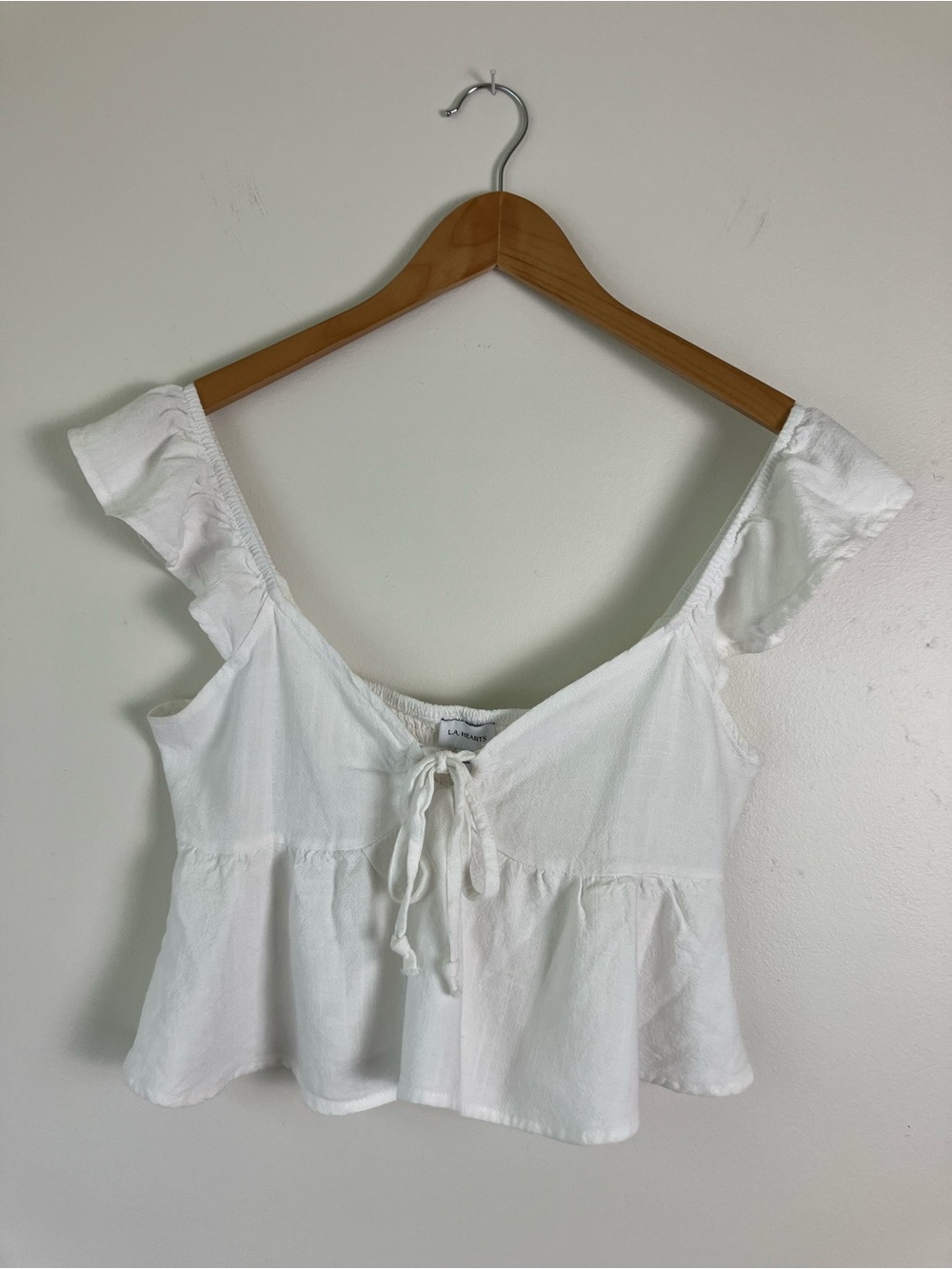 L.A. Hearts White Linen Blend Crop Top Tie Front Smocked Back Size Small